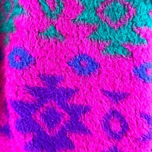 Vintage 90s Tribal Fuchsia Fleece Hoodie Pullover Sweater - Picture 7 of 12
